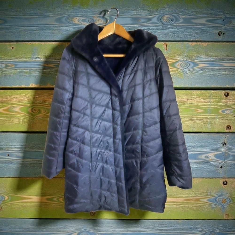 Dennis Basso Reversible Faux Fur & Quilted Hooded Coat – Navy – XS